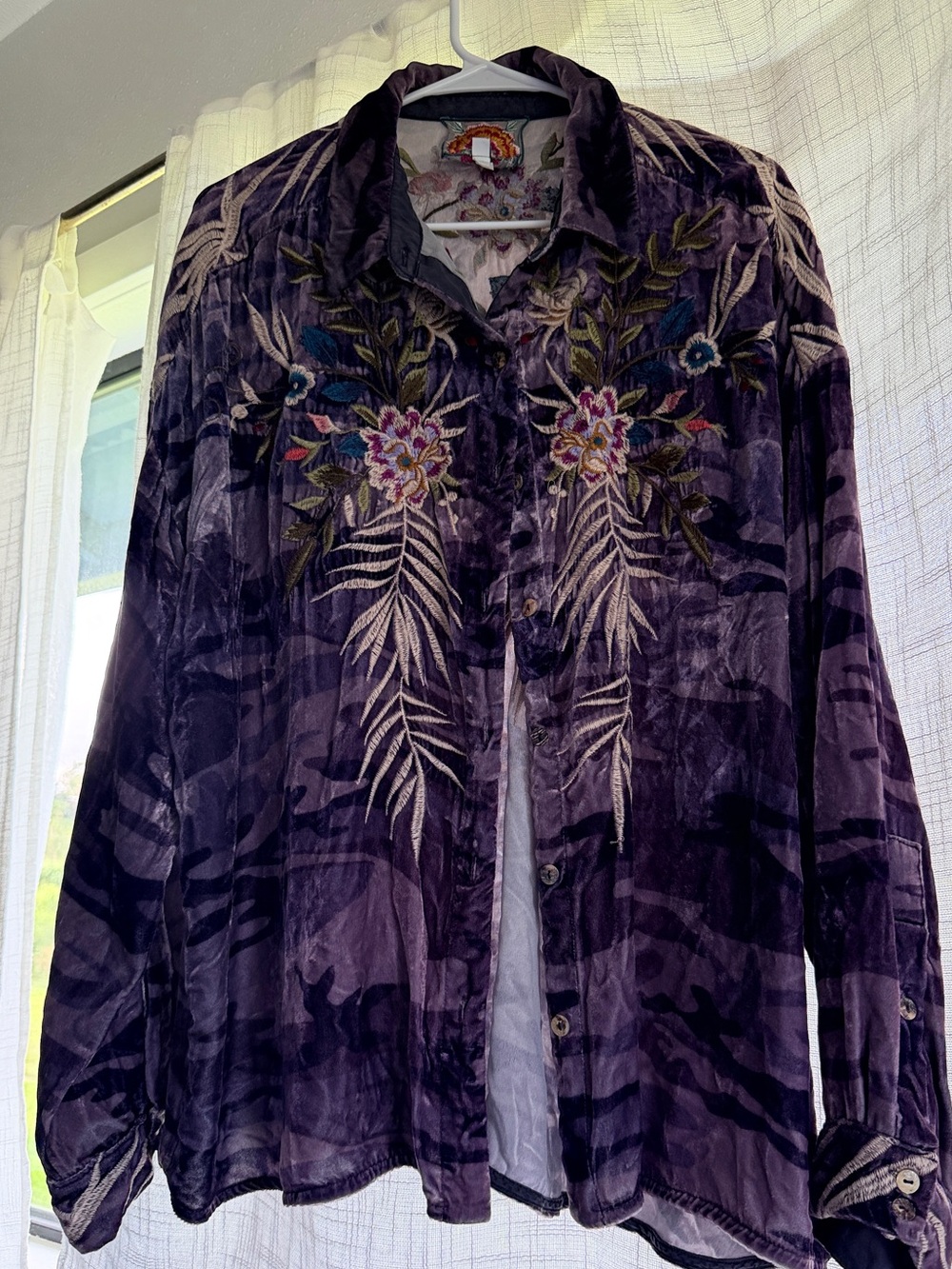 Johnny Was sEmbroidered Velvet Button-Up Shirt - Purple